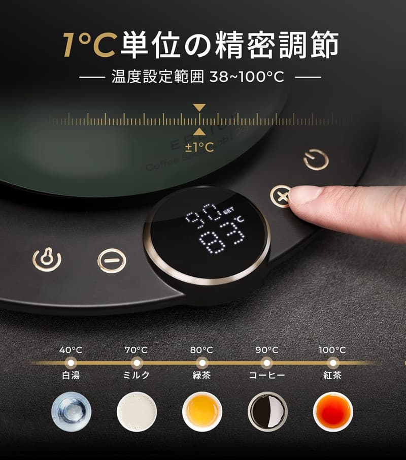 エペイオス 電気ケトル 0.9L LED表示 精密調節対応 コーヒーポット ダークグリーン