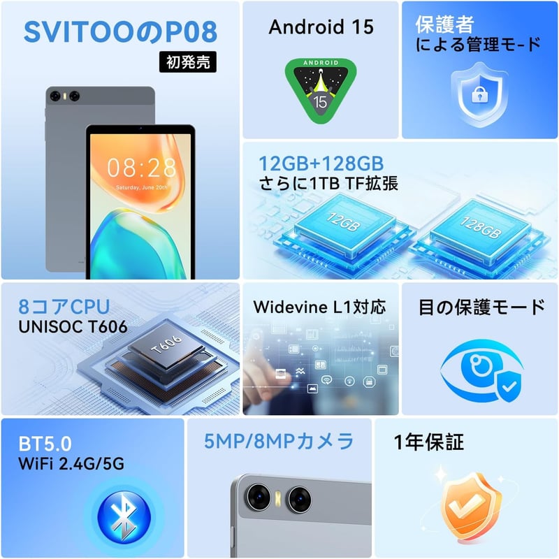 8インチ Androidタブレット P08【専用ケース付き】12GB+128GB+1TB拡張可能、5000mAhバッテリー、顔認識機能、無線投影対応