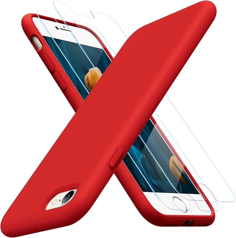 iPhone SE/7/8用シリコンケース【ガラスフィルム付き】指紋防止・耐衝撃・薄型・レンズ保護 - レッド