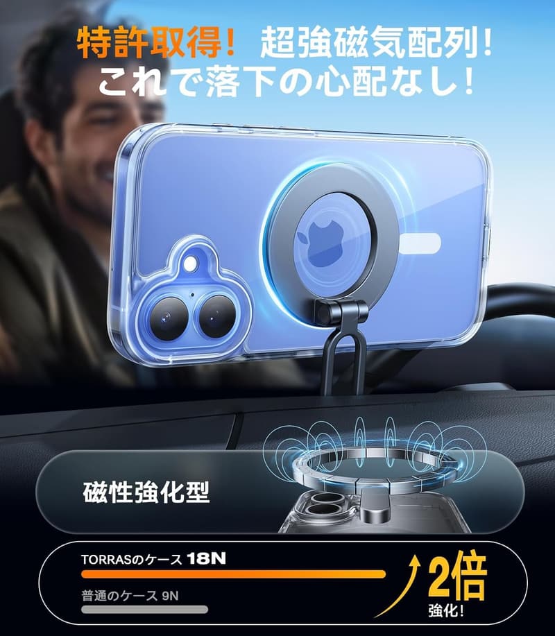 iPhone 16用 黄変防止クリアケース マグネット搭載 耐衝撃 全面保護 6.1インチ