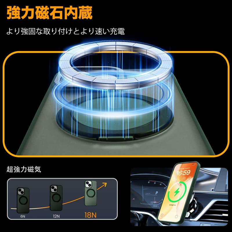 Magsafe対応 ワイヤレス充電耐衝撃iPhone14/13ケース ダークグリーン