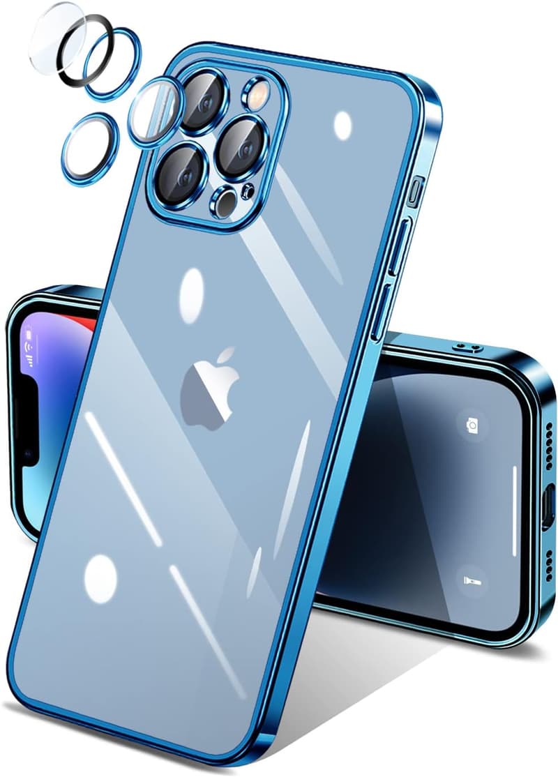 iPhone 13 Pro Max カメラレンズ保護付きクリアケース 軍用規格・耐衝撃・ワイヤレス充電対応 (ブルー)