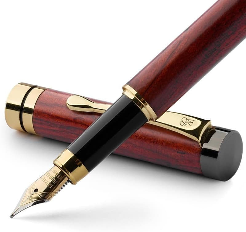 プレミアム木製万年筆クレスト(ローズウッド)| 6本のインクカートリッジ付き | 24Kゴールド仕上げ | 18Kゴールドニブ | ギフトボックス入り