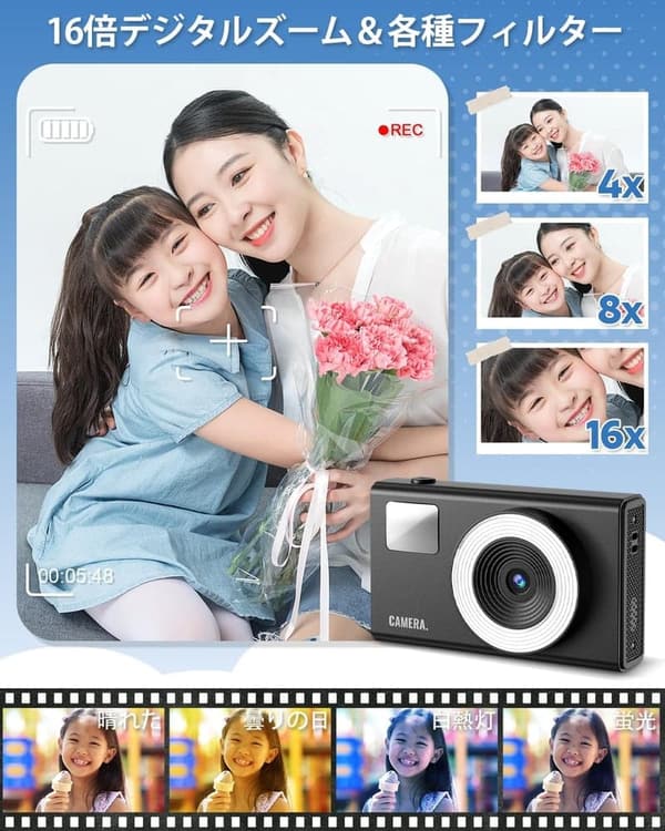 キッズ向けデジタルカメラ CIMELR UHD 4K 4400万画素 ポケットサイズ 充電式 日本語説明書付 ブラック