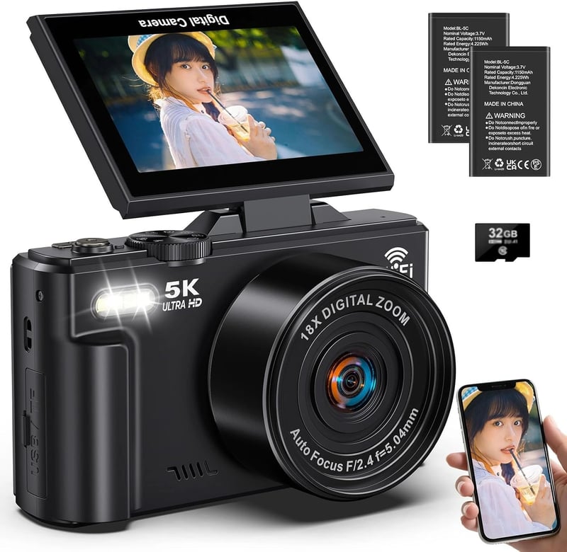 5Kデジタルカメラ - 7500万画素・Wi-Fi・180度回転ディスプレイ・自撮り対応・軽量コンパクト - 学生・初心者・旅行用