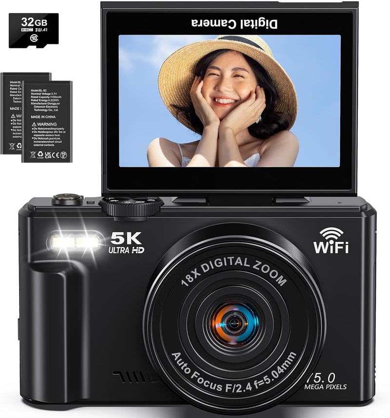 Vlog用 7500万画素 5Kデジタルカメラ 自撮り機能付き 32GBカード・バッテリー2個付属