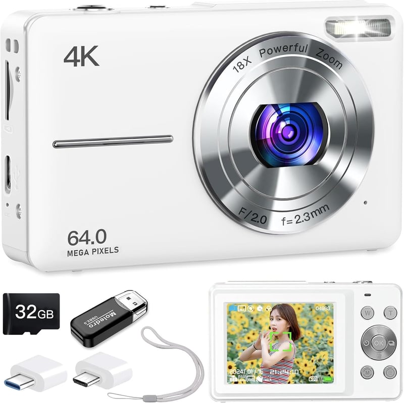 初心者・子供向け 6400万画素 4Kデジタルカメラ（ホワイト）32GB SDカード・手ぶれ補正・LEDライト搭載