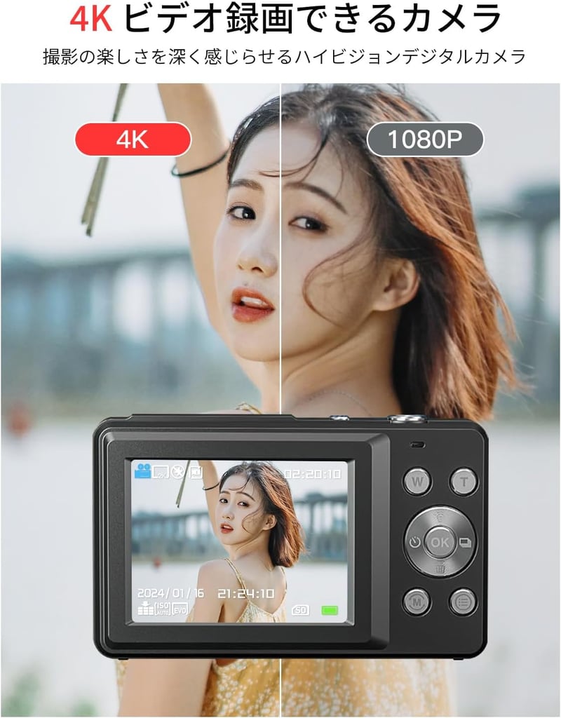 初心者・子供向け 6400万画素 4Kデジタルカメラ（ホワイト）32GB SDカード・手ぶれ補正・LEDライト搭載