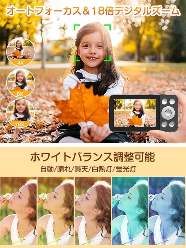 4Kデジカメ6400万画素・オートフォーカス・デジタルズーム18倍・ウェブカメラ機能・軽量・修学旅行・初心者向け