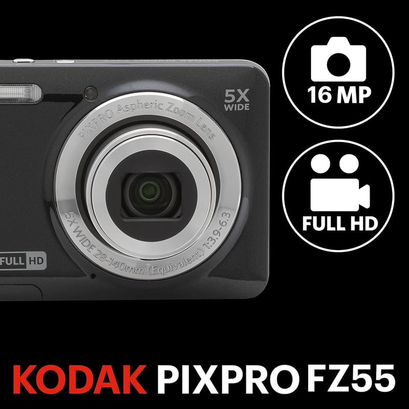 使いやすいデジタルカメラ KODAK PIXPRO FZ55-BK 16MP 光学5倍ズーム 28mm 2.7インチ液晶 ブラック