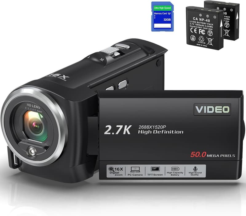 YouTube Vlog用 2.7Kビデオカメラ 5600万画素 自撮り機能付き 32GB SDカード＋予備バッテリーセット