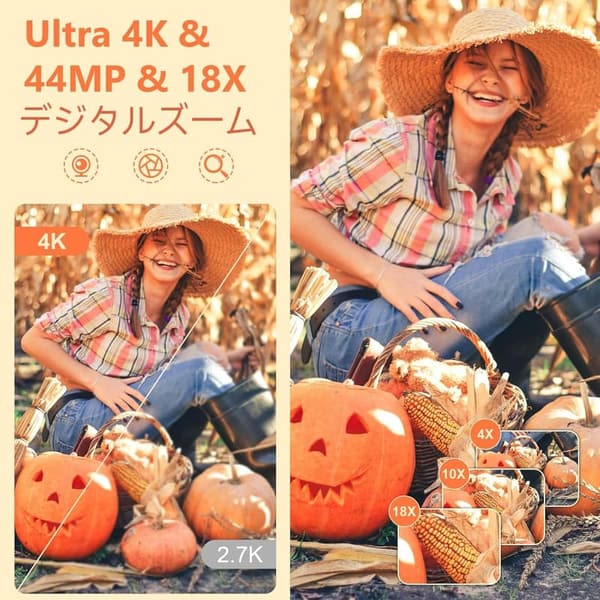 4K録画対応Vlog用ビデオカメラ 4400万画素 18倍デジタルズーム 自撮り機能付き 軽量 旅行や卒業式に最適 32GBマイクロSDカード＆外部マイク付属
