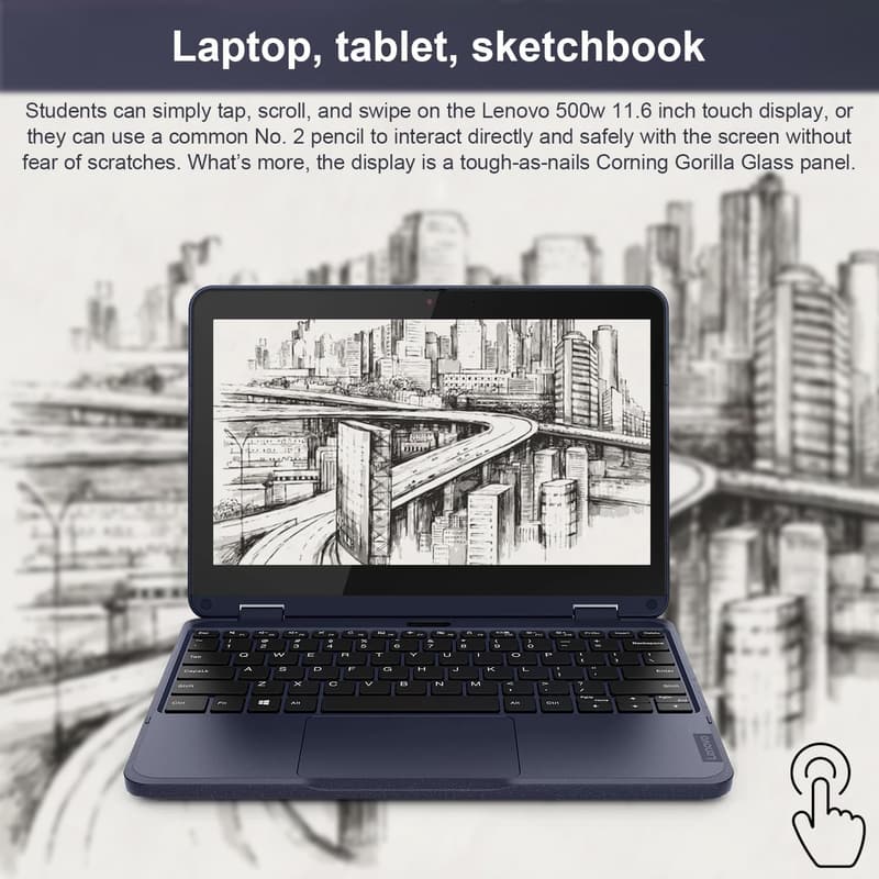 学生向け高耐久2-in-1ノートパソコン Lenovo 500w Gen 3 (11.6インチ、Intel Pentium N6000、8GB RAM、256GB SSD、Wi-Fi、ブルー)