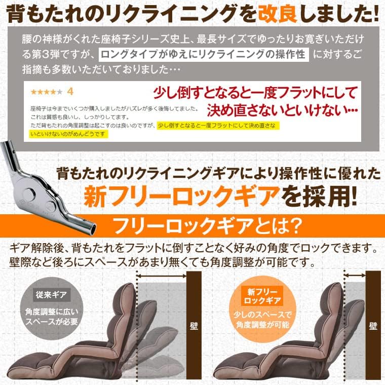 全身寛げるロングタイプ座椅子（リクライニング14段階・ネイビー・ひじ掛け付き）