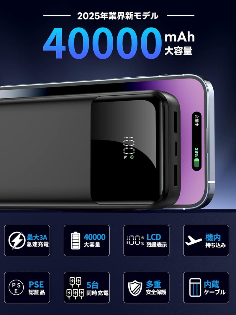 大容量モバイルバッテリー 40000mAh 5台同時充電 PSE認証済 アウトドア用