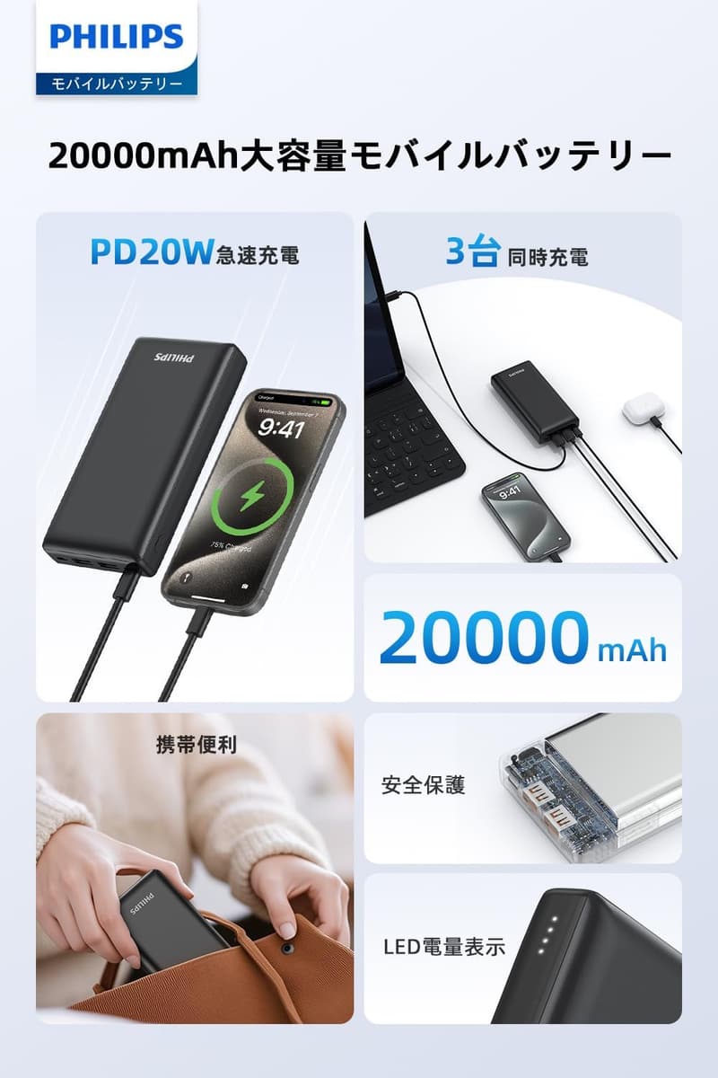 20000mAh大容量モバイルバッテリー急速充電器（PD 20W・3台同時充電可能・ブラック）