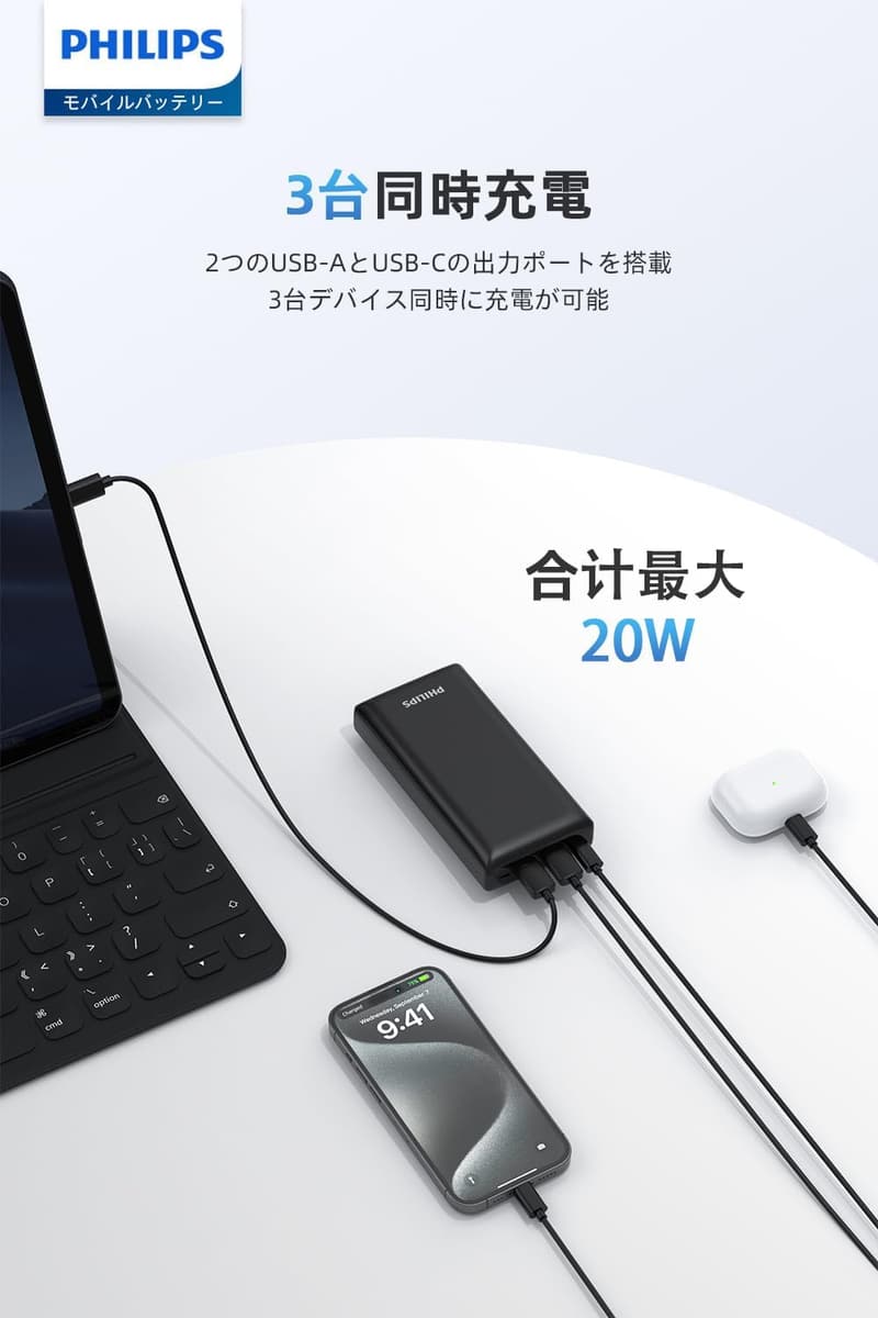 20000mAh大容量モバイルバッテリー急速充電器（PD 20W・3台同時充電可能・ブラック）
