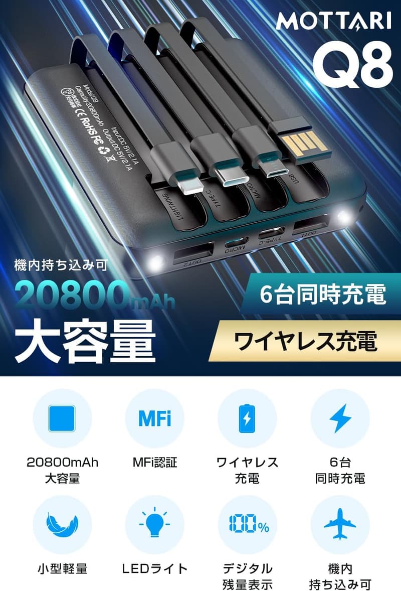 大容量20800mAhモバイルバッテリー【MFi認証・ワイヤレス充電対応】急速充電・6台同時充電・コンパクト・旅行・防災用
