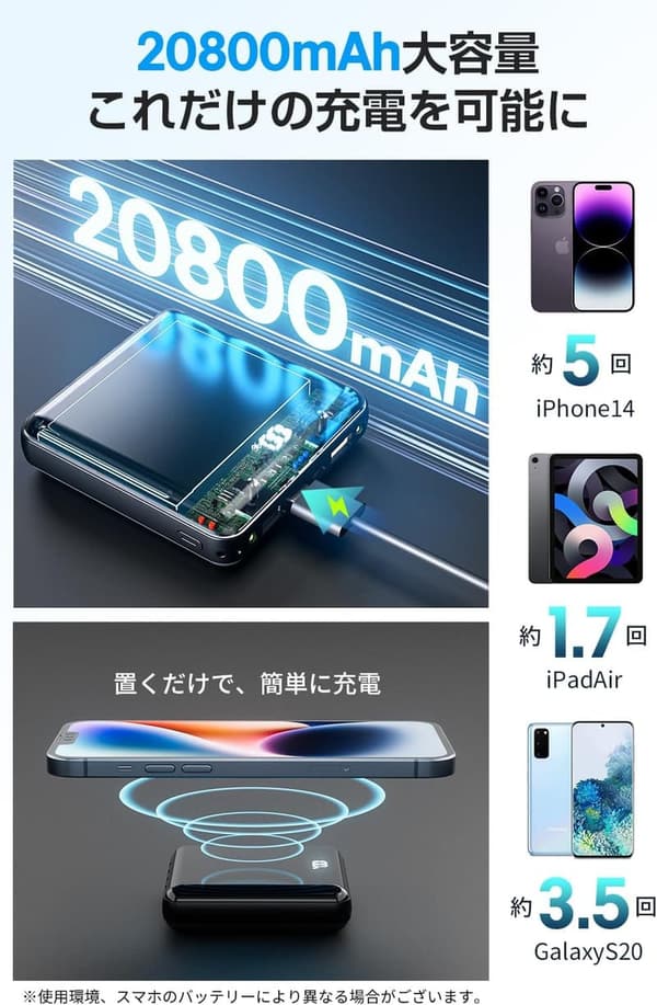 大容量20800mAhモバイルバッテリー【MFi認証・ワイヤレス充電対応】急速充電・6台同時充電・コンパクト・旅行・防災用
