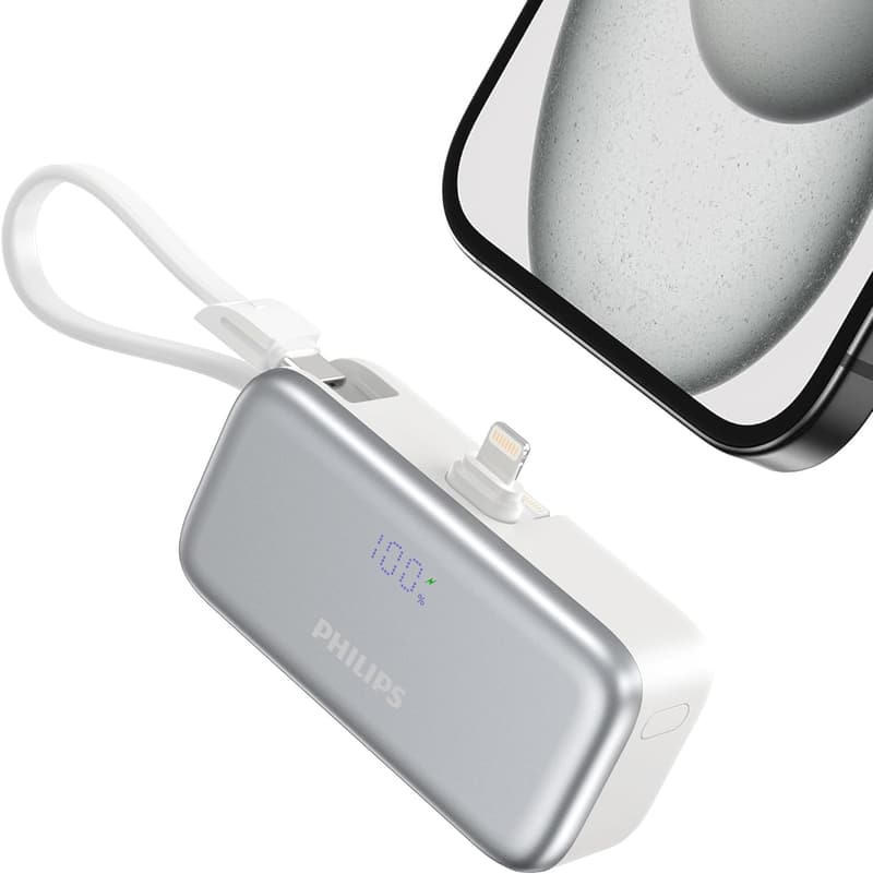 フィリップス コードレス モバイルバッテリー 4900mAh 折り畳み式 Lightning & Type-C内蔵 三台同時充電 PSE認証 ホワイト