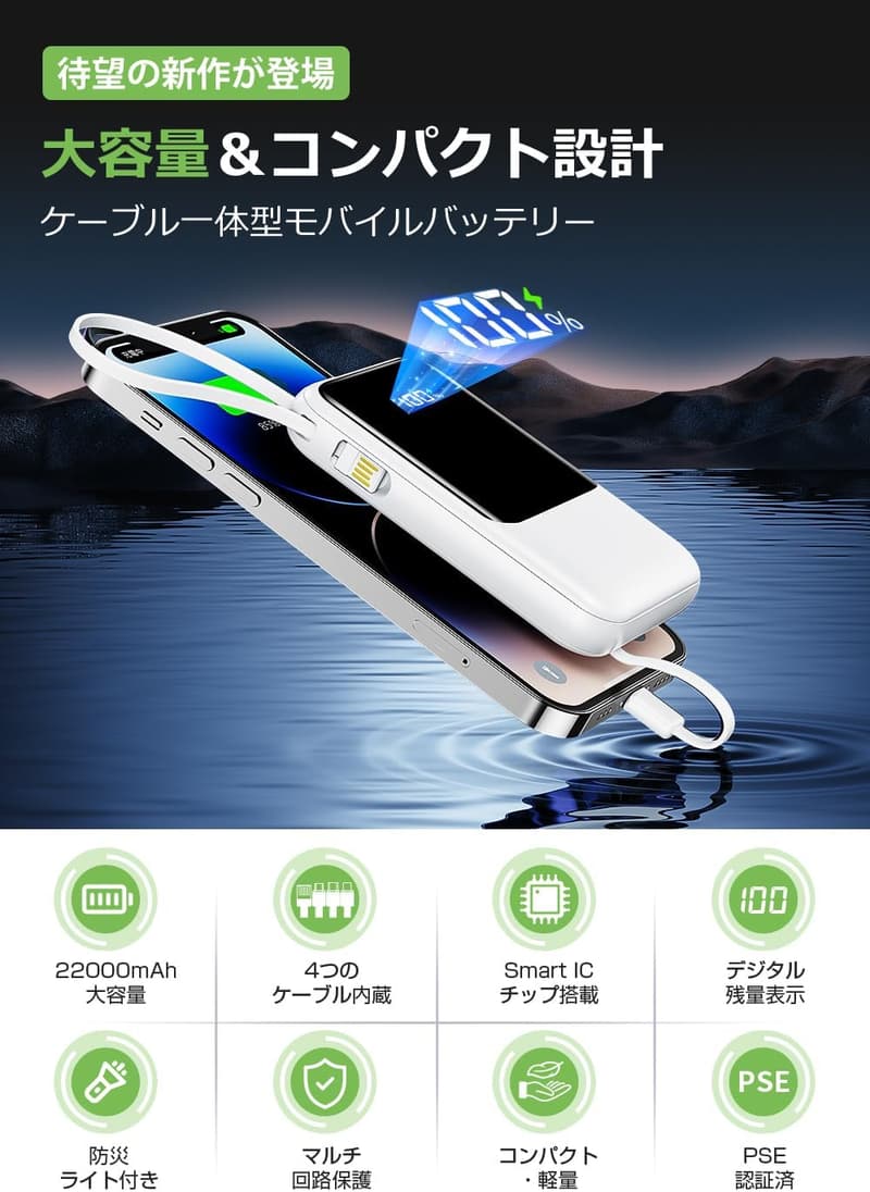 大容量22000mAhモバイルバッテリー【軽量230g・急速充電・4台同時充電】携帯充電器 TÜV/CE認証済み