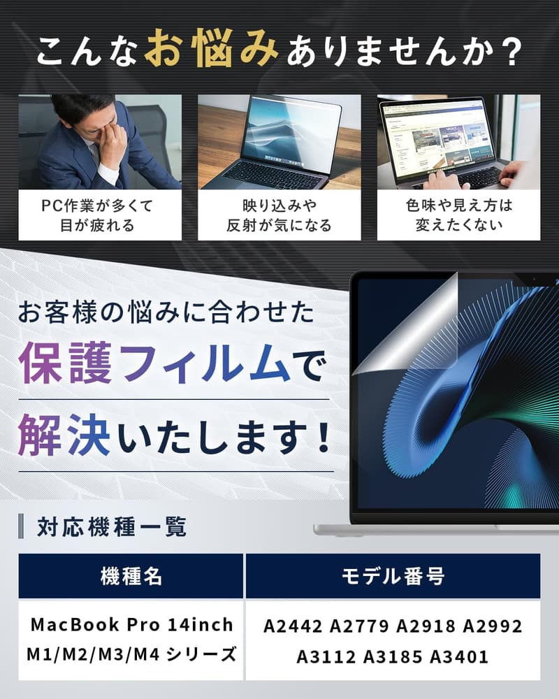 ブルーライトカット MacBook Pro 14インチ用 保護フィルム【日本製】【反射防止・気泡防止】