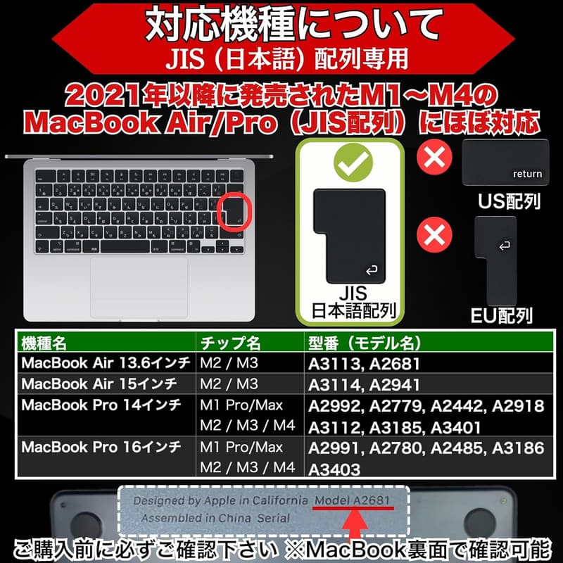 MacBook Pro/Air M2/M3対応 超薄型TPUキーボードカバー（耐水・防塵・クリア） ブラッククリア
