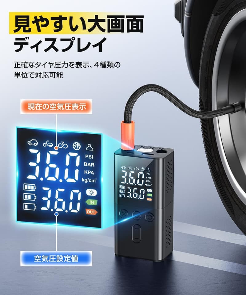 電動空気入れ 150PSI 小型軽量 レッドLEDライト 6000mAhバッテリー Type-C充電 自動停止 収納袋付