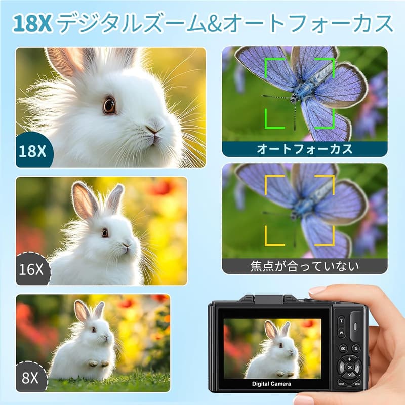 初心者向け軽量コンパクトデジタルカメラ 5K録画・7500万画素・18倍ズーム・自撮り機能付き