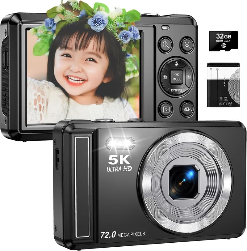 初心者向け 5Kデジタルカメラ 7200万画素 コンパクト 自撮り＆VLOG対応 軽量 マイクロSDカード付き
