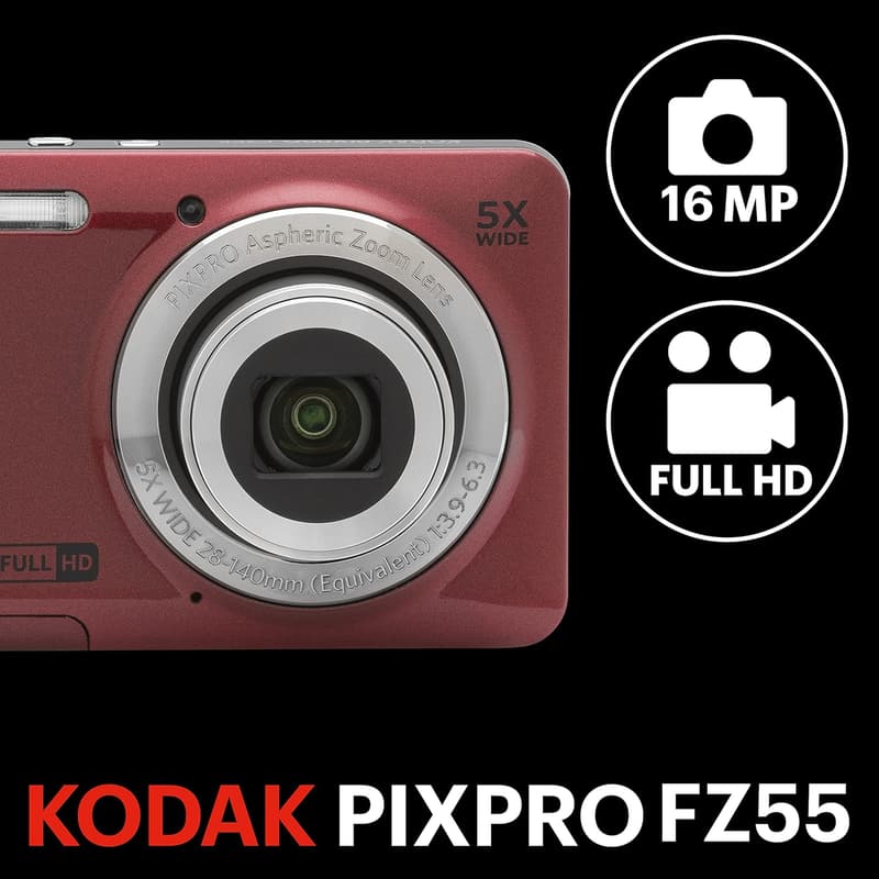 使いやすい16MPデジタルカメラ KODAK PIXPRO FZ55-RD 光学5倍ズーム レッド