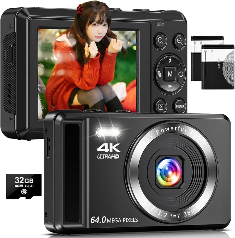 初心者向け 4Kデジタルカメラ 6400万画素 AFオートフォーカス VLOG/YouTube用 32GB SDカード・予備バッテリー付 ブラック