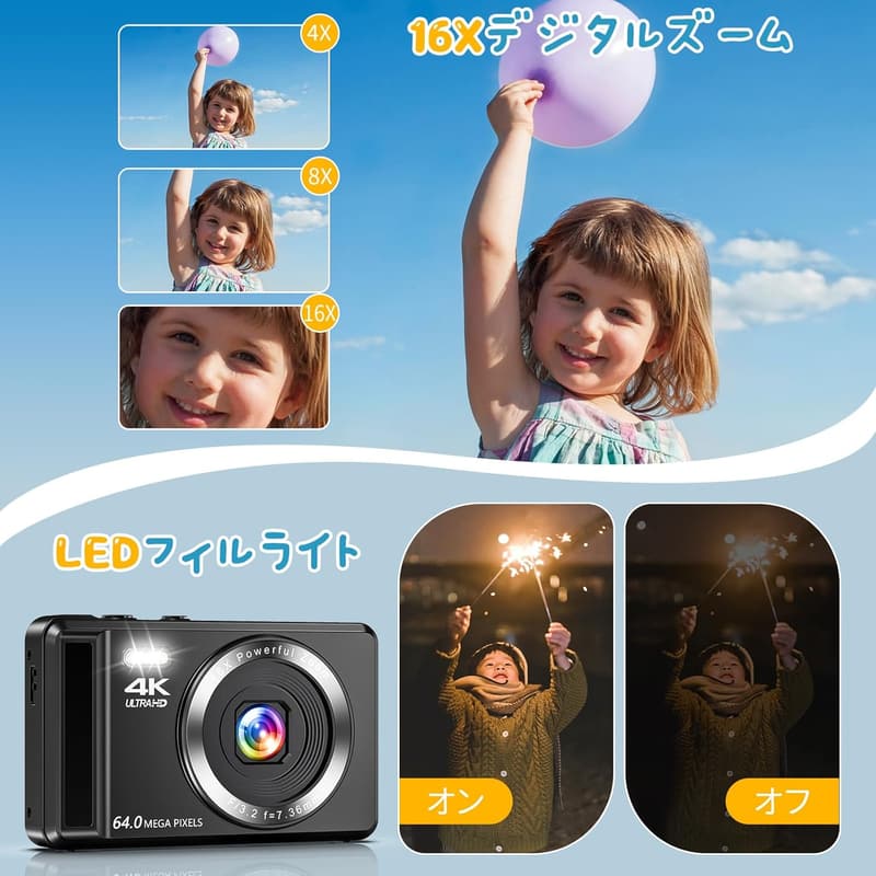 初心者向け 4Kデジタルカメラ 6400万画素 AFオートフォーカス VLOG/YouTube用 32GB SDカード・予備バッテリー付 ブラック