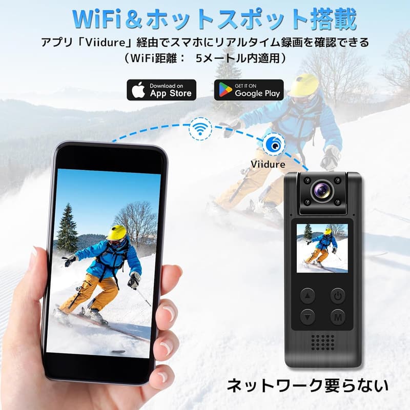 4Kクリップ型ウェアラブルカメラ WiFi接続 動体検知・赤外線暗視・循環録画 256GB対応 180°回転レンズ