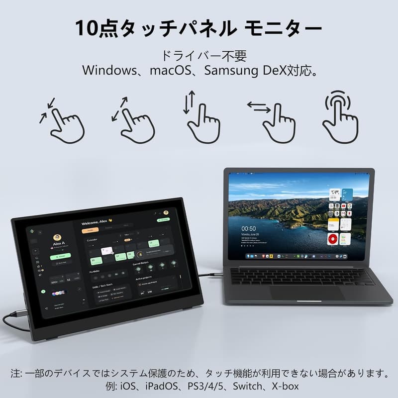 ポータブル15.6インチタッチパネルモニター FHD IPS 自立型 軽量 壁掛け対応 すべてのゲーム機・PC対応