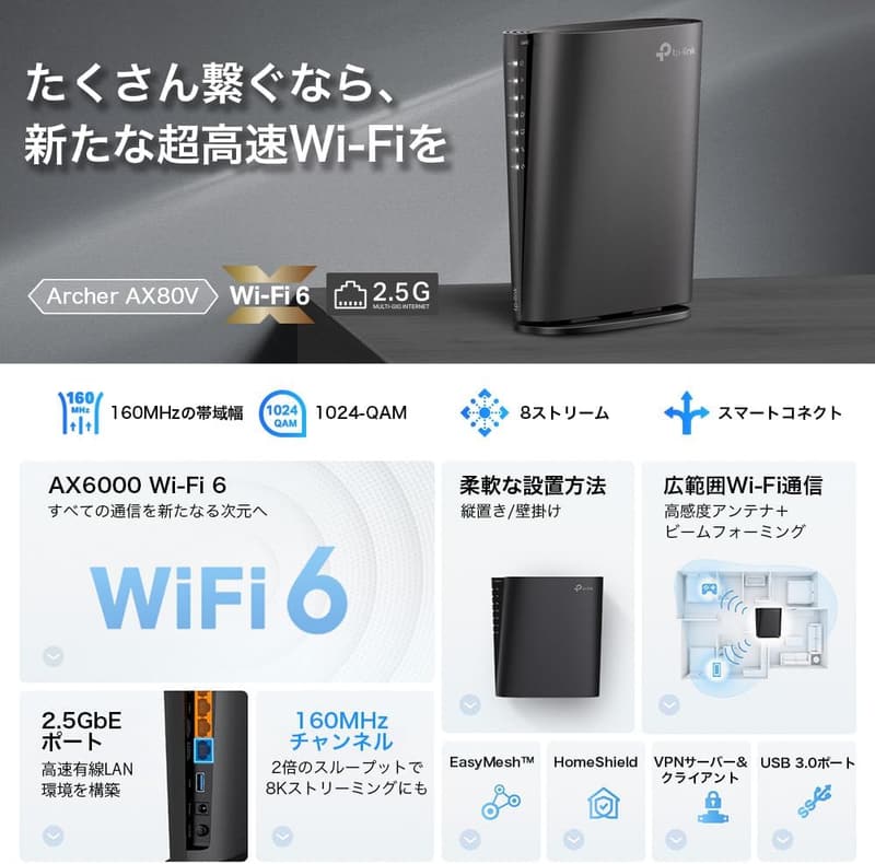 WiFi6対応 2.5Gbps TP-Link無線LANルーター Archer AX80V