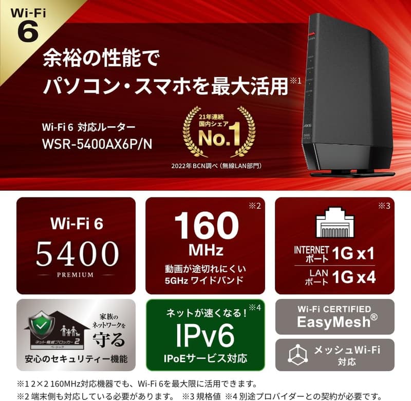 Wi-Fi 6対応バッファロー無線LANルーター AX5400 エコパッケージ【iPhone/PS5/Nintendo Switch動作確認】