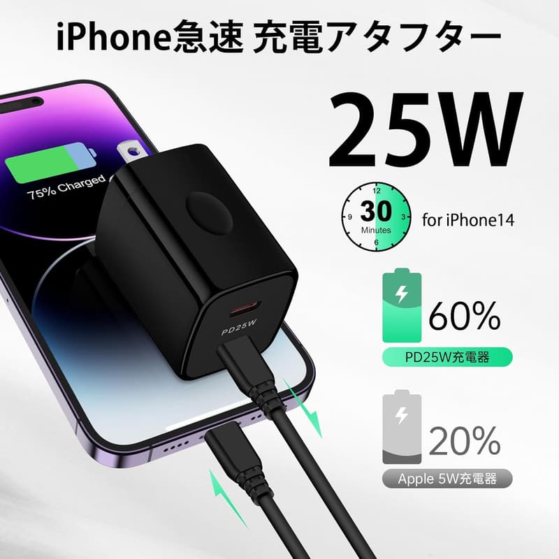 iPhone・iPad用25W急速充電器 PD3.0対応・2ポートタイプCアダプター（ブラック）