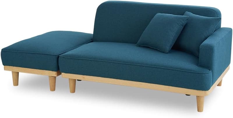 1人掛けカウチソファ ブルー 木製オットマン付き 幅108cm