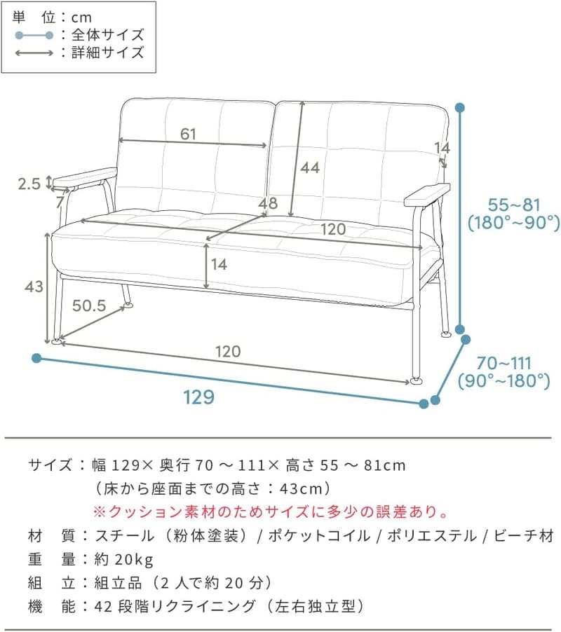 リクライニング2人掛けソファー ポケットコイル 機能性グレー NTS-16GY