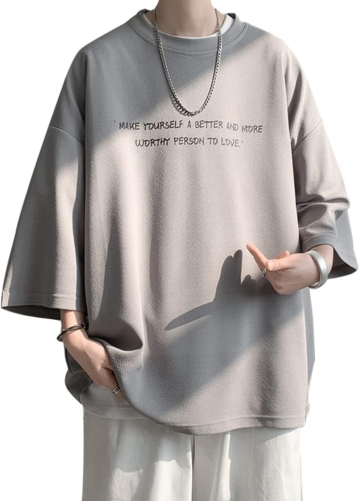夏用 メンズ ゆったり クルーネック 七分袖 Tシャツ ビッグシルエット カジュアル