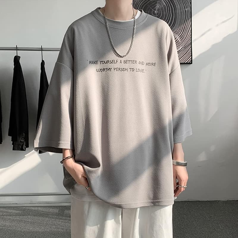 夏用 メンズ ゆったり クルーネック 七分袖 Tシャツ ビッグシルエット カジュアル
