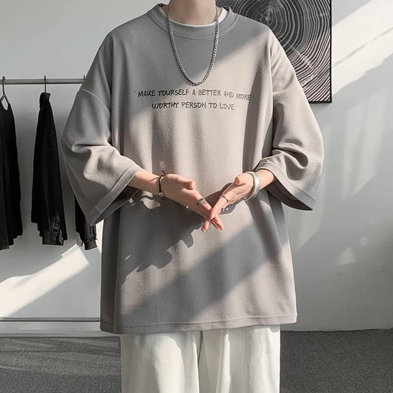 夏用 メンズ ゆったり クルーネック 七分袖 Tシャツ ビッグシルエット カジュアル