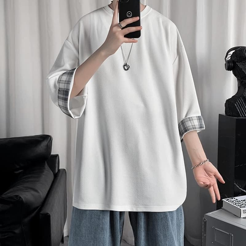 夏のメンズビッグシルエット七分袖Tシャツ 無地 ゆったり 柔らかい快適なトップス