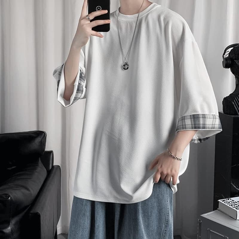 夏のメンズビッグシルエット七分袖Tシャツ 無地 ゆったり 柔らかい快適なトップス