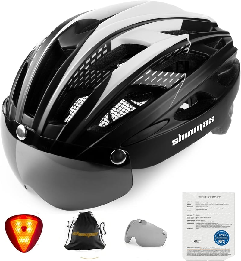 大人用超軽量自転車ヘルメット EN1078認証 磁気ゴーグル付き LEDライト M/L