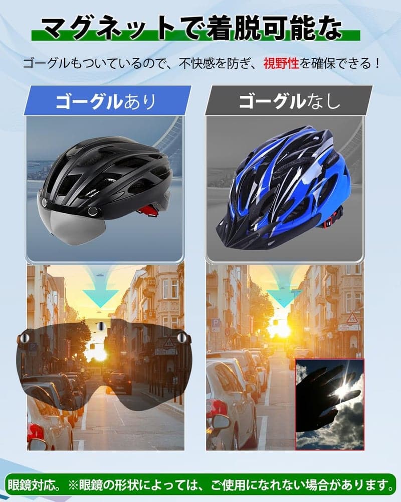 大人用超軽量自転車ヘルメット EN1078認証 磁気ゴーグル付き LEDライト M/L