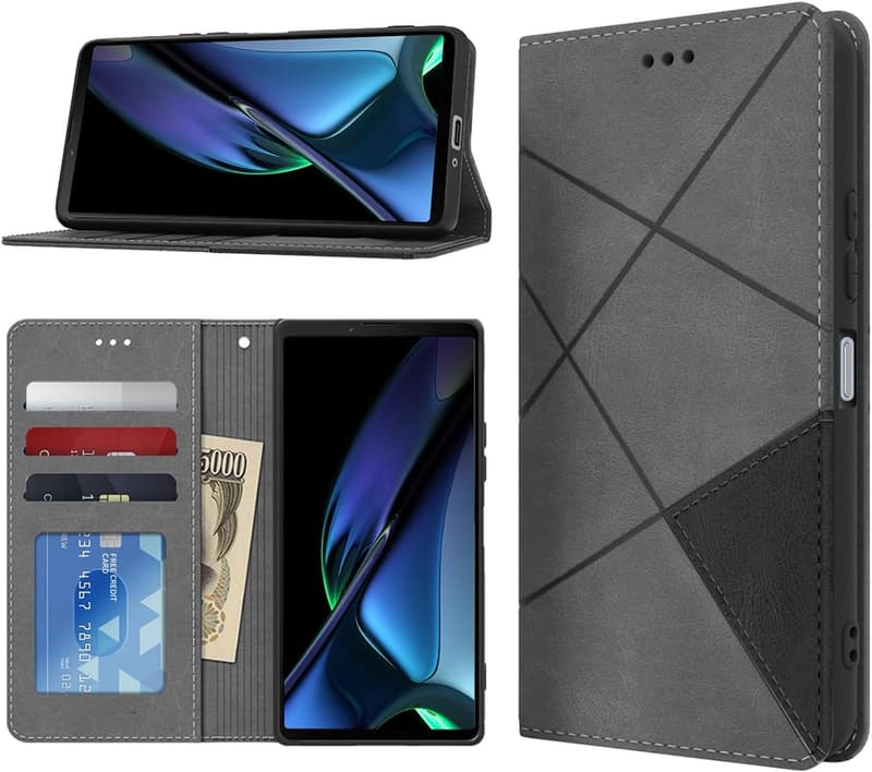 Sony Xperia 10 VI 手帳型ケース 高級PUレザー 横置きスタンド機能付き カード収納 全面保護 グレー