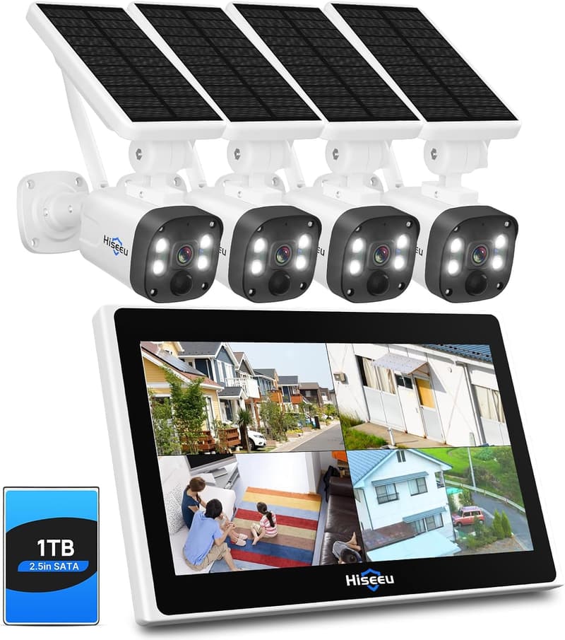 【屋外用防犯カメラセット】Hiseeu ソーラーパネル・360°PTZ・400万画素・AI動体検知・10インチ液晶一体型NVR・防水IP66・常時録画 (カメラ4台+1TB HDD内蔵)