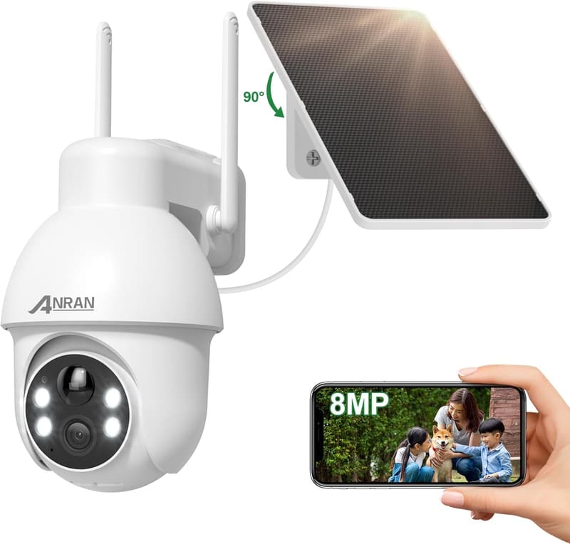 屋外用360度防犯カメラ（8MP、ソーラー充電） - iOS/Android/Alexa対応、夜間カラー撮影、PIR人体検知